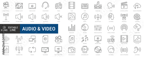 Audio and video icons set, editable stroke line icon pack. media, podcast, music, streaming, sound symbols. simple vector collection.
