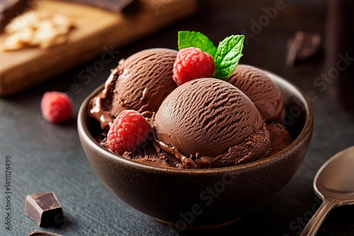 Chocolate ice cream balls in a bowl decorated with sprigs of mint and raspberries, dark background