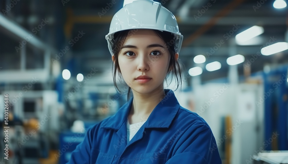 Female Automation Engineer Operates Robot Arm Welding Machine With Ai In Industrial Factory, Wearing Blue Uniform And Helmet For Safety. Female Automation Engineer Operates Robot Arm Welding Machine With Ai In Industrial Factory, Wearing Blue Uniform And Helmet For Safety.