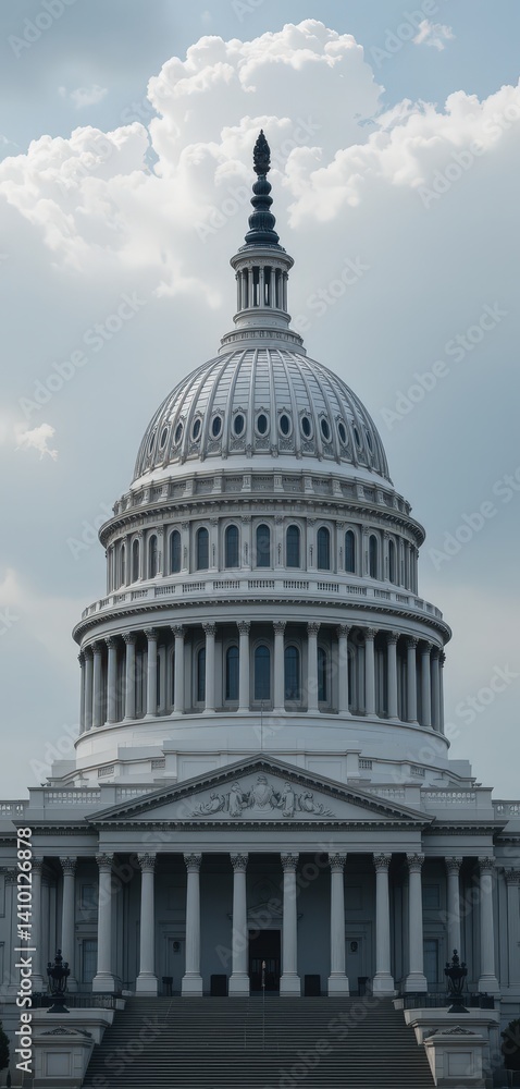 Obraz premium A grand, large white building featuring majestic columns and a prominent dome, surrounded by lush greenery and a clear blue sky, exuding an air of elegance and historical significance.