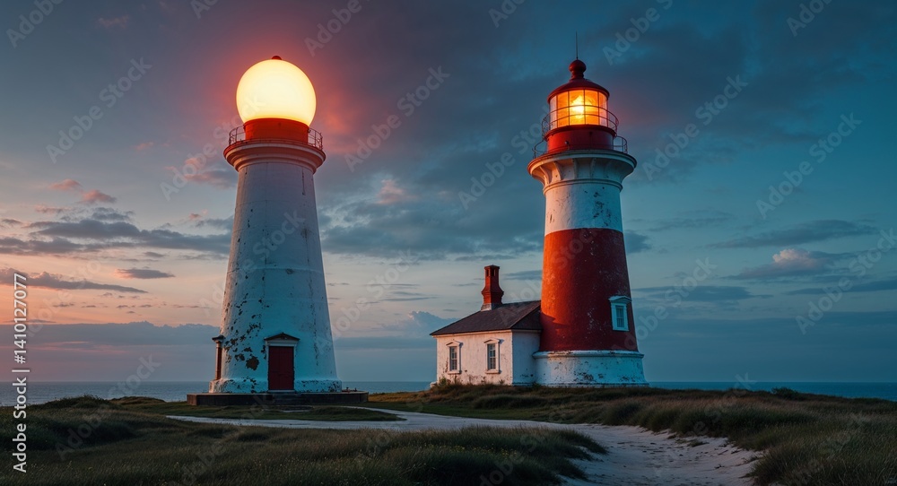 Naklejka premium old lighthouse with rotating beacon light cinematic view background