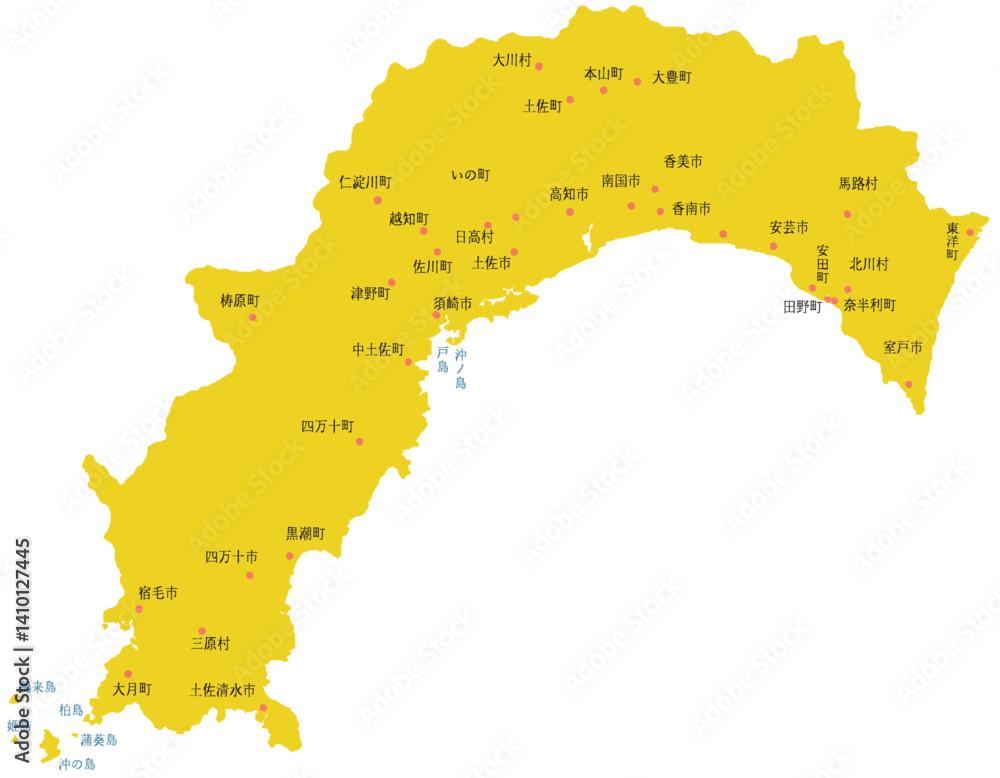 Obraz premium 高知県 地図 黄色 斑点 イラスト