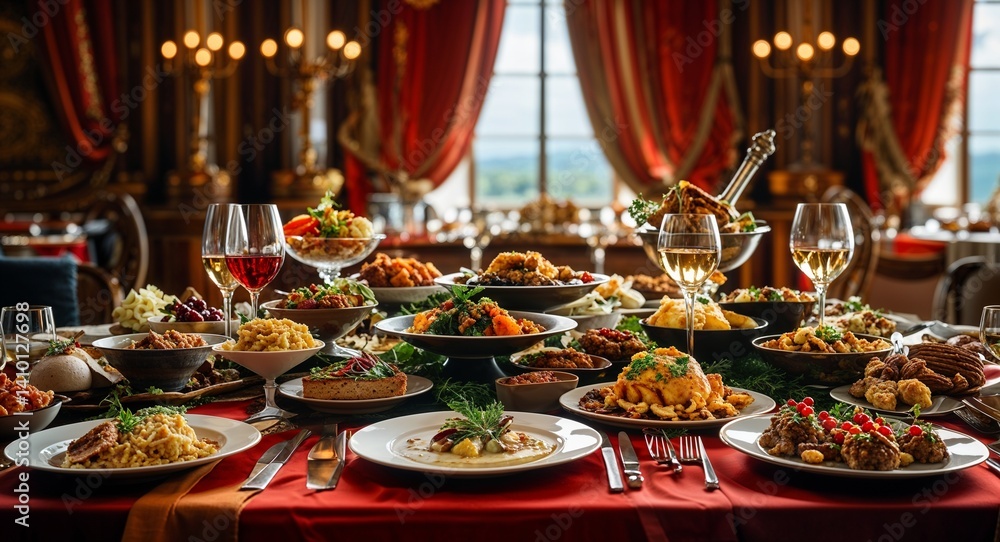 royal banquet table with overflowing gourmet dishes cinematic view background royal banquet table with overflowing gourmet dishes cinematic view background