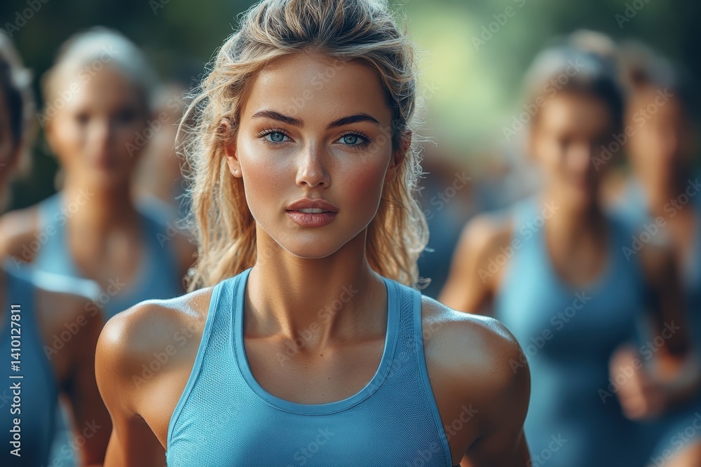 Group of athletes running in matching blue activewear during a sunny day at a park Group of athletes running in matching blue activewear during a sunny day at a park