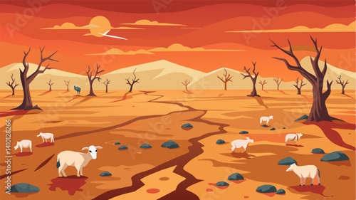 As far as the eye can see the field is barren and dry. The bodies of dead sheep and goats lie motionless their emaciated frames reflecting the severity of the drought that has. Vector illustration