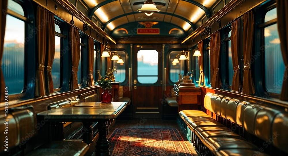Fototapeta premium vintage train car interior with dim lighting cinematic view background 