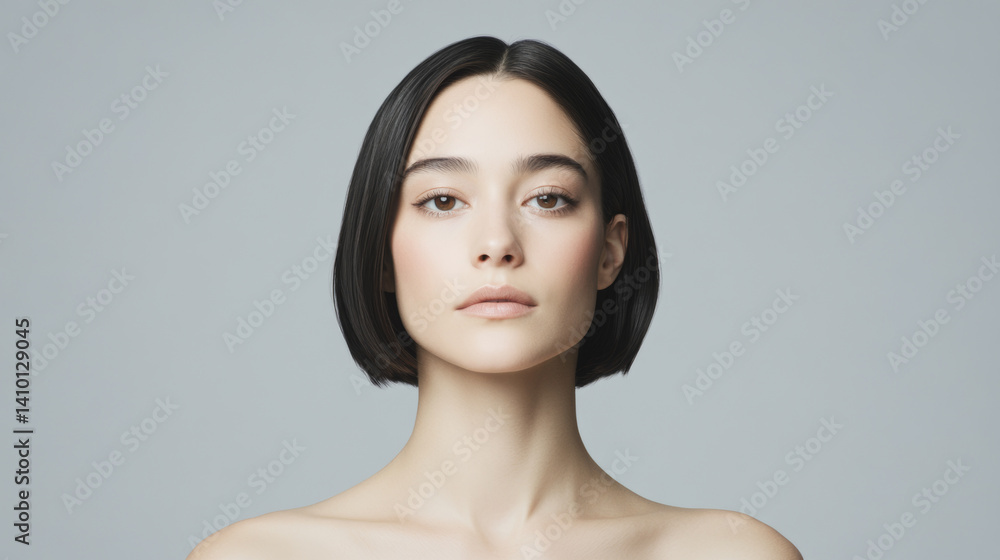 Minimalist studio portrait of beautiful woman with perfect complexion, close-up on gray monochrome backdrop