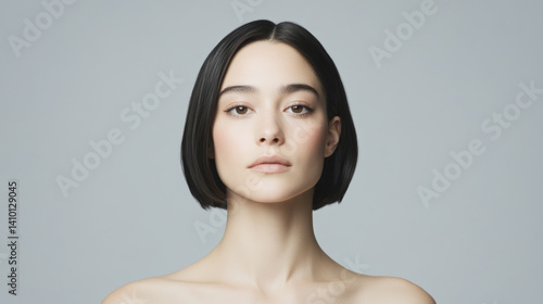 Minimalist studio portrait of beautiful woman with perfect complexion, close-up on gray monochrome backdrop