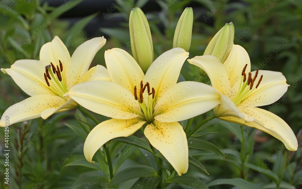 Elegant Pale Yellow Lilies Blooming in Garden Elegant Pale Yellow Lilies Blooming in Garden