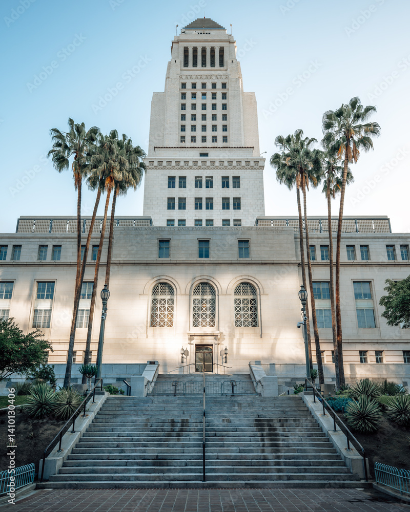 side entrance of the los angeles city hall during sunrise