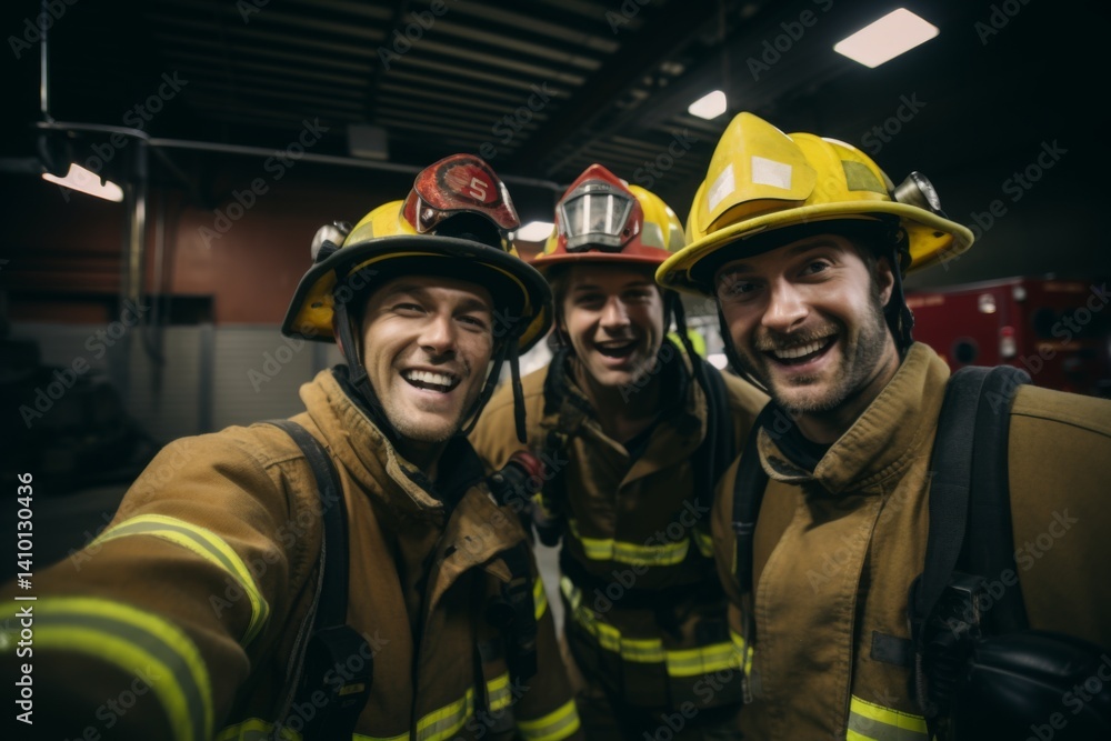 Fototapeta premium smiling firefighters taking a selfie in the firefighting station