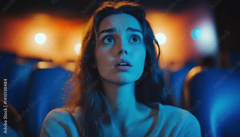 Close-Up Portrait Of Beautiful Woman Surprised By Adventure Movie In Cinema, Watching Sad Moment In Dark Theater Hall Close-Up Portrait Of Beautiful Woman Surprised By Adventure Movie In Cinema, Watching Sad Moment In Dark Theater Hall