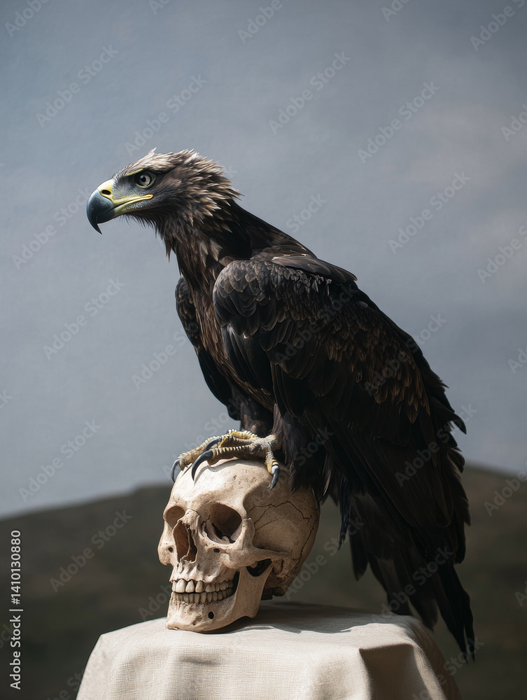 A mountain eagle sits on a human skull, a stylish surreal photograph against the backdrop of mountains, a melancholic concept
