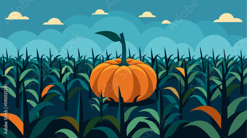 In a sea of withered vegetation a single pumpkin stands out as a symbol of the constant struggle for agricultural success.. Vector illustration