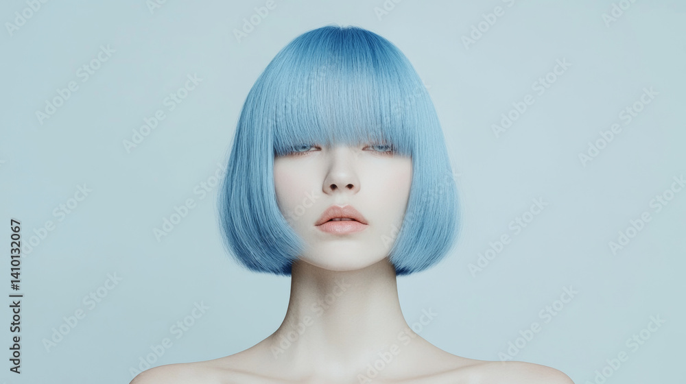 Blue-haired bob cut woman, minimalist futuristic portrait with clean light backdrop, modern fashion statement