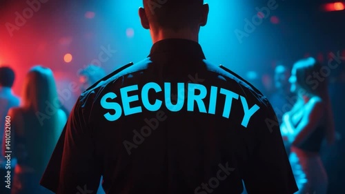 The backside of a nightclub bouncer amidst a party.