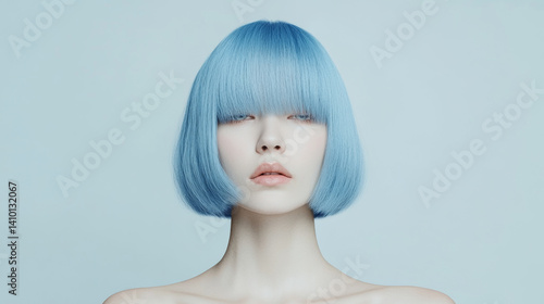 Obraz na płótnie Blue-haired bob cut woman, minimalist futuristic portrait with clean light backdrop, modern fashion statement w salonie