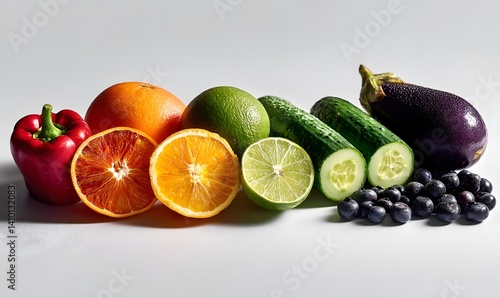 Fototapeta Naklejka Na Ścianę i Meble -  Colorful arrangement of fresh fruits and vegetables on a white background