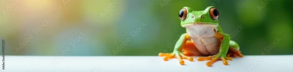 Fototapeta premium Frog sitting on a white panel with large eyes , piglets, frogs