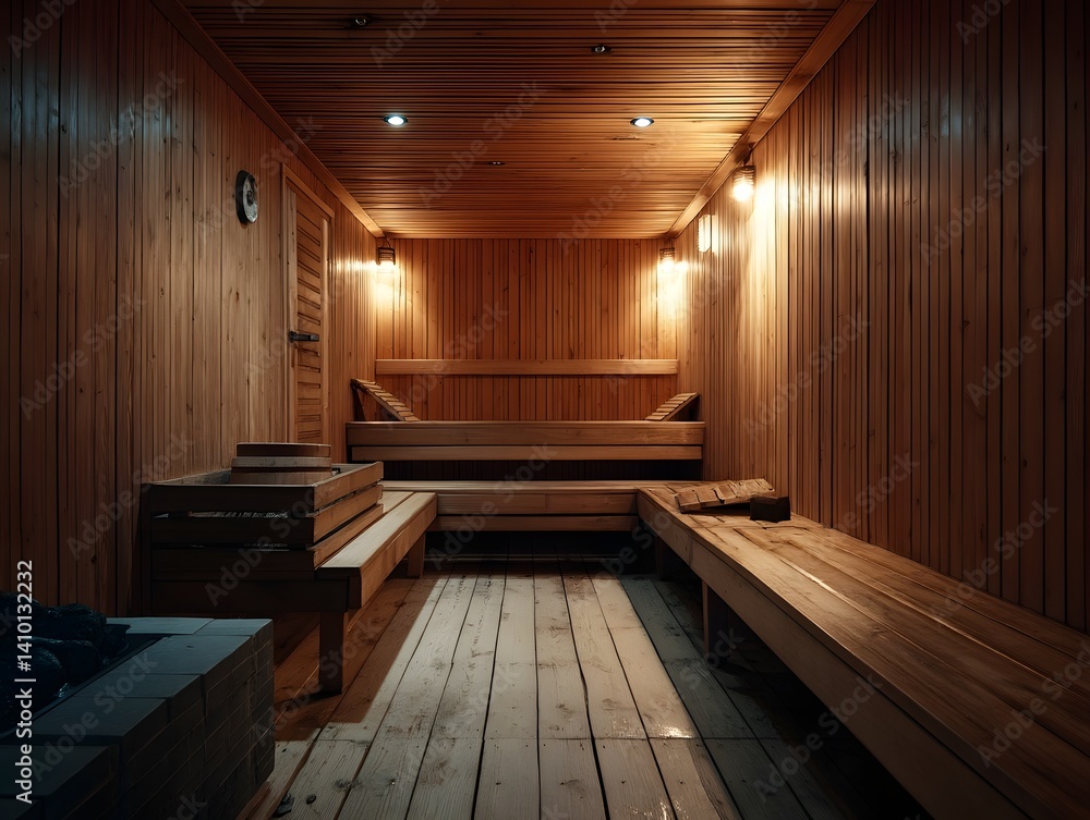 Fototapeta premium Cozy wood-paneled sauna with multilevel seating and soft steam