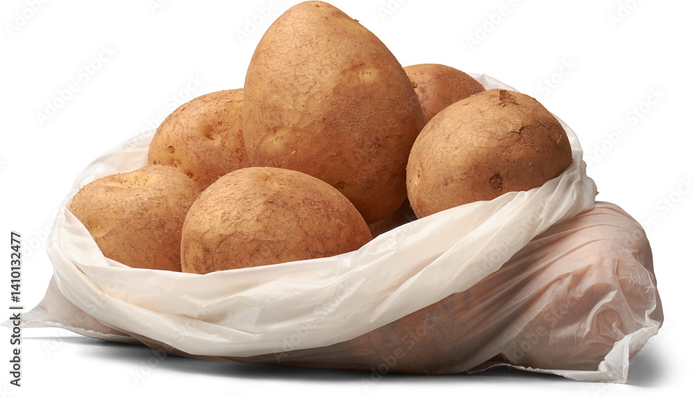 raw potatoes in plastic bag isolated white background, starchy tuberous vegetables in close-up view raw potatoes in plastic bag isolated white background, starchy tuberous vegetables in close-up view