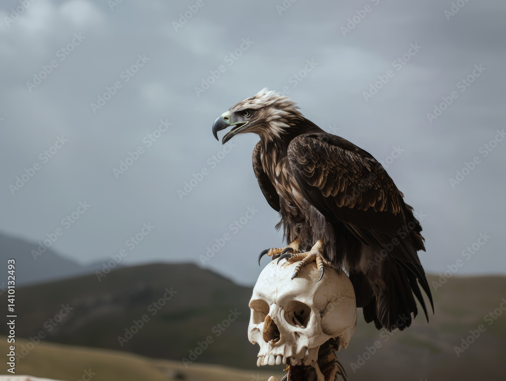 A mountain eagle sits on a human skull, a stylish surreal photograph against the backdrop of mountains, a melancholic concept