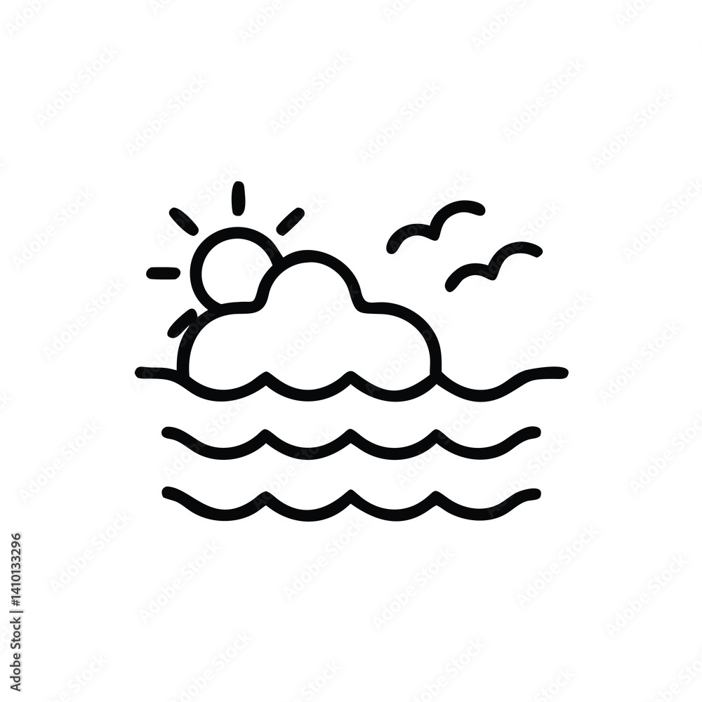 Sunrise Over The Ocean With Birds Minimalist Black And White Line Art Sunrise Over The Ocean With Birds Minimalist Black And White Line Art