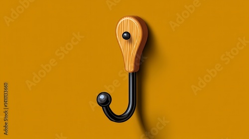 Stylish Wall-Mounted Hook with Wood Handle and Black Metal Curve Against Vibrant Yellow Background