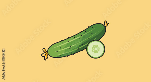 Fresh Cucumber Illustration: A vibrant illustration of a whole cucumber and a slice, showcasing its refreshing green color and bumpy texture against a muted yellow background.