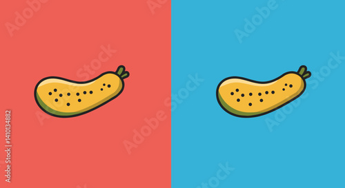 Pickled Cucumber Icon Set: A pair of charming, minimalist illustrations of pickled cucumbers, presented against contrasting red and blue backgrounds.