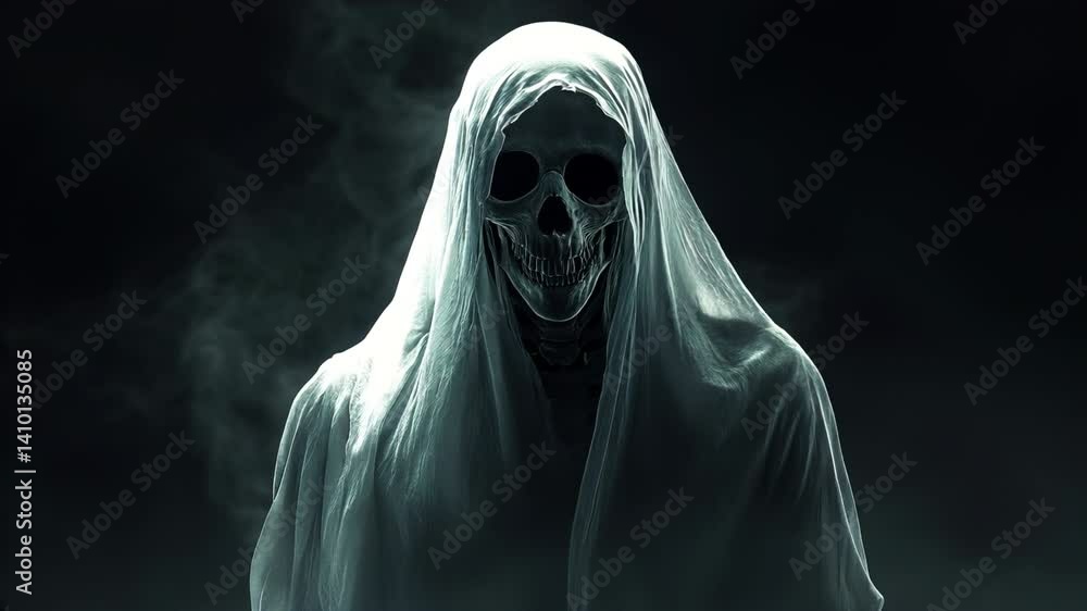 Mysterious Specter: A skeletal figure shrouded in an ethereal white veil, emerging from darkness, exudes an aura of the unknown and the supernatural. Capturing the essence of Halloween. Mysterious Specter: A skeletal figure shrouded in an ethereal white veil, emerging from darkness, exudes an aura of the unknown and the supernatural. Capturing the essence of Halloween.