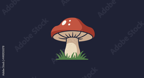 Red Mushroom with Grass: A vibrant red mushroom with white dots sprouts from a patch of green grass, set against a deep blue background. The simple.