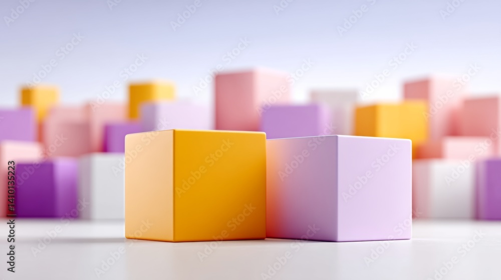 Obraz premium Two cubes of different colors are placed on a white background. The cubes are arranged in a way that they look like they are part of a larger structure. The colors of the cubes are yellow and pink