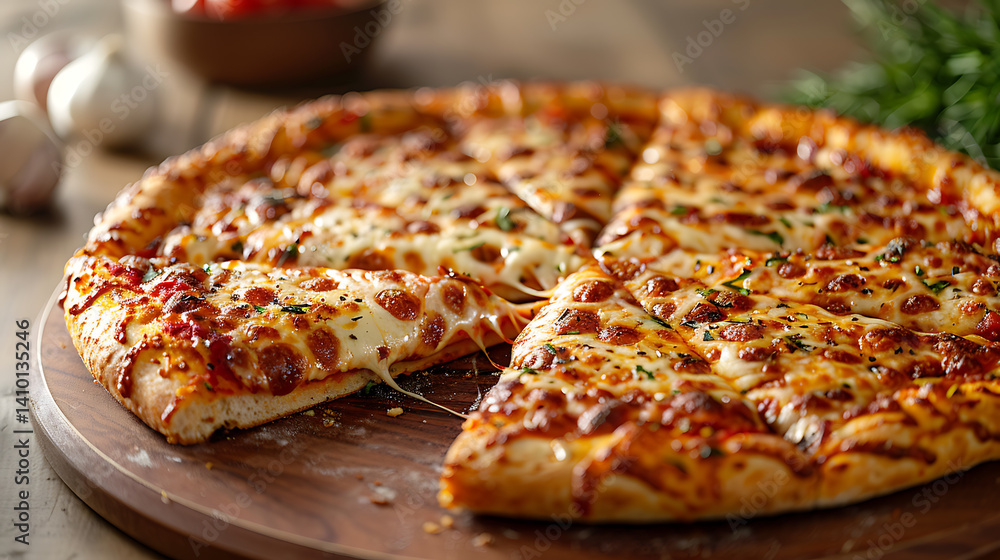 Delicious cheese pizza with fresh herbs and toppings on a wooden board, garnished with garlic Delicious cheese pizza with fresh herbs and toppings on a wooden board, garnished with garlic