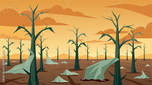 An eerie scene of wilted crops covered in opaque plastic a poignant representation of the blind optimism of farmers in the midst of climate chaos.. Vector illustration