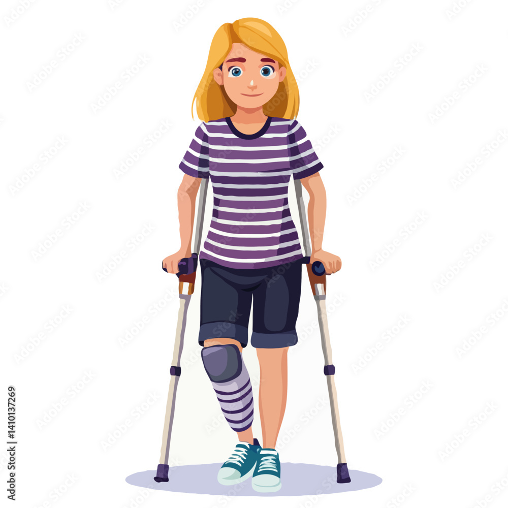 Determined Young Woman with Prosthetic Leg and Crutches – Flat Cartoon Illustration of Strength and Recovery Determined Young Woman with Prosthetic Leg and Crutches – Flat Cartoon Illustration of Strength and Recovery