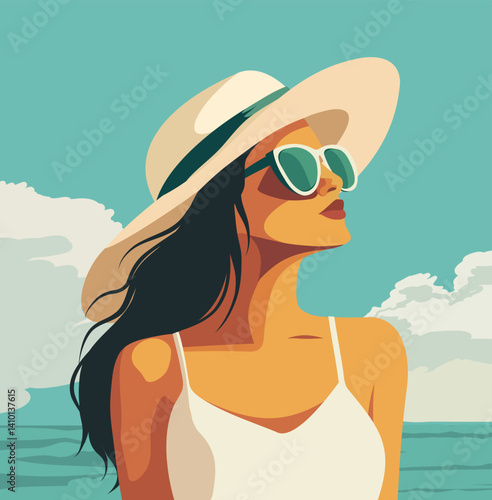 Summer holidays. Woman girl on vacation in white beach tunic dress, glasses and hat looking up, against the background of beach and azure coast. Travel. Vector illustration for tourism projects