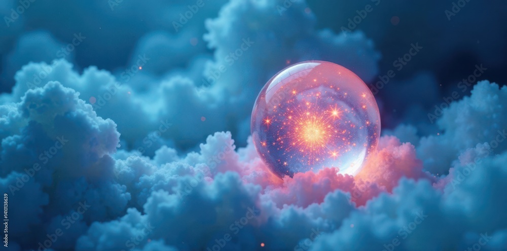 Naklejka premium Ethereal mist surrounds a glowing orb, set against light blue abstract background , surreal, mist
