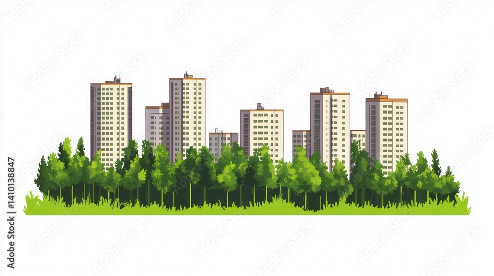 Cityscape with trees and grass. Urban landscape. Possible use Stock photo for environmental design, real estate, or city planning concepts Cityscape with trees and grass. Urban landscape. Possible use Stock photo for environmental design, real estate, or city planning concepts
