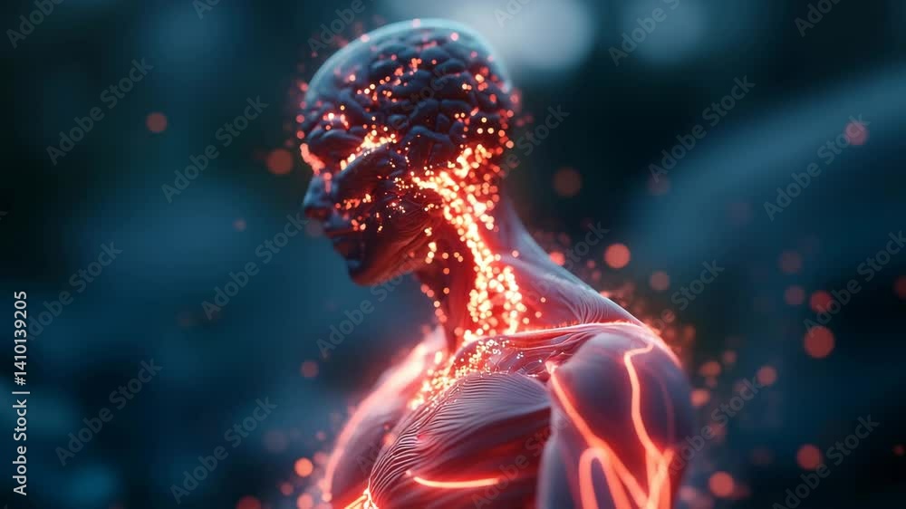 A translucent figure with a glowing brain and illuminated veins, surrounded by a mystical atmosphere of floating particles. AI-powered medical scanner analyzing a human body. A translucent figure with a glowing brain and illuminated veins, surrounded by a mystical atmosphere of floating particles. AI-powered medical scanner analyzing a human body.