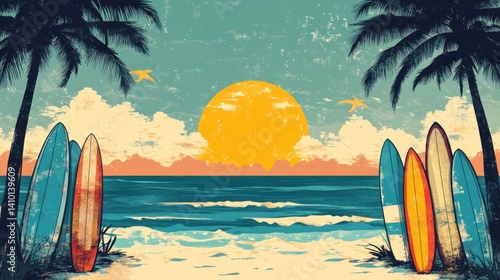 Retro surf beach sunset scene