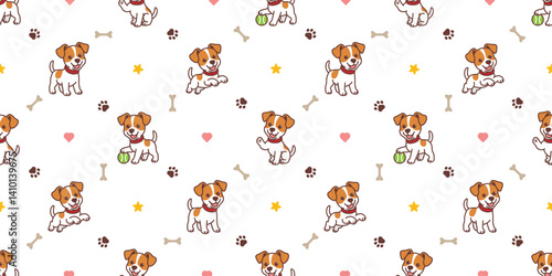 Cute jack russell puppy cartoon seamless pattern, vector illustration