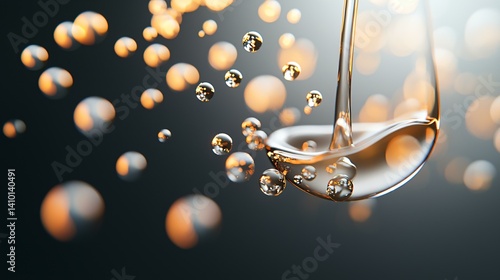 Simulation-style depiction of molecule transformation from biomass oil to usable biofuel chain with energy aura effect
