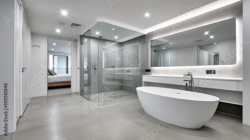 Curved glass shower screen, backlit mirror, statement bathtub, polished concrete floor - modern minimalist bathtub architectural