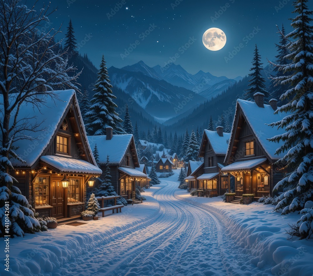 A serene winter landscape featuring charming, snow-covered houses nestled among tall, frosted trees. Soft white snow blankets the ground, creating a peaceful, picturesque atmosphere. A serene winter landscape featuring charming, snow-covered houses nestled among tall, frosted trees. Soft white snow blankets the ground, creating a peaceful, picturesque atmosphere.