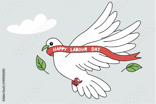 Dove Carrying Happy Labour Day Ribbon – Peaceful Labor Day Vector Design.