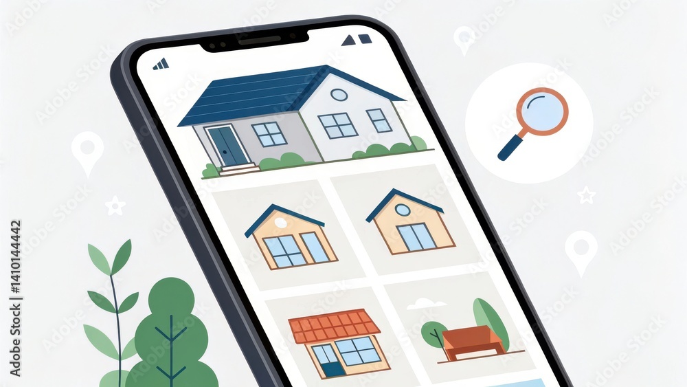 A smartphone displays various house illustrations, emphasizing architecture and design options with search elements and greenery in the background. A smartphone displays various house illustrations, emphasizing architecture and design options with search elements and greenery in the background.