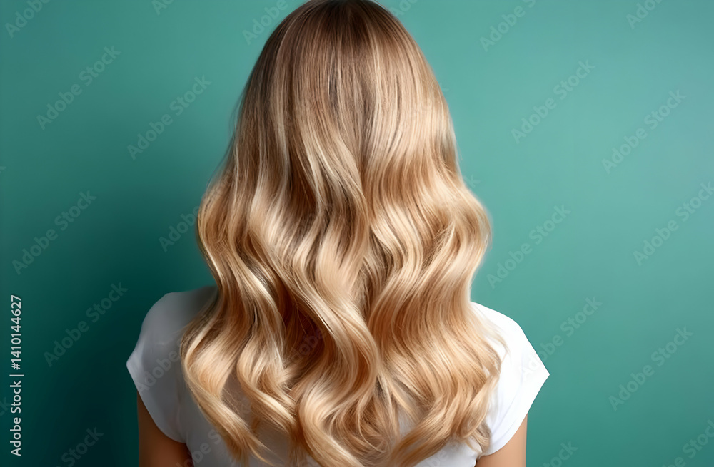 Naklejka premium A beautiful woman with long, wavy blonde hair stands against a vibrant teal backdrop, showcasing the elegance of natural hair textures and styles.