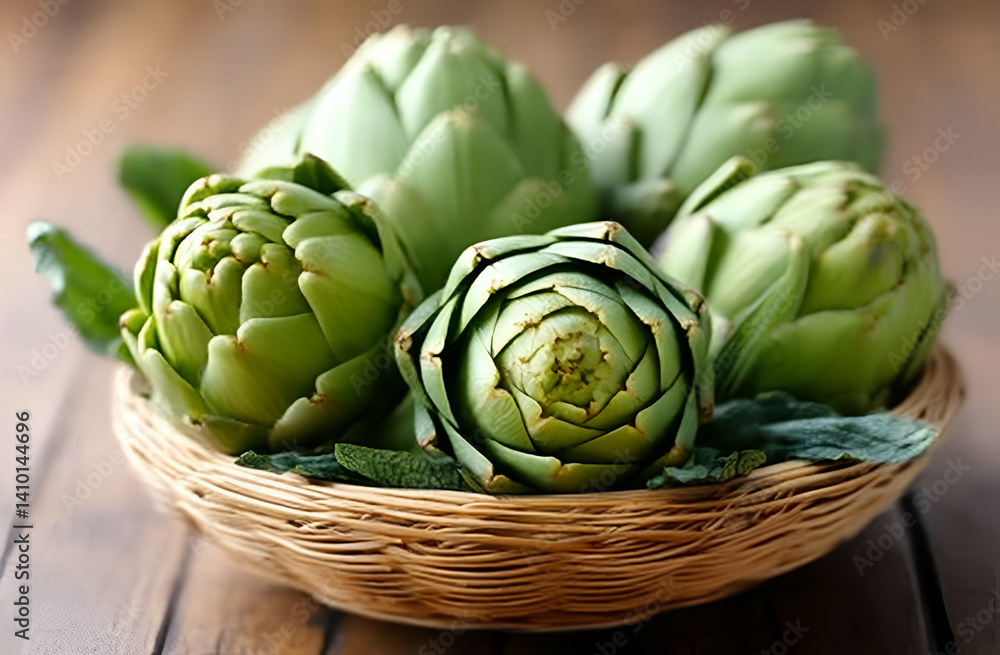 Obraz premium A beautifully arranged basket of fresh artichokes, showcasing their vibrant green colors and intricate shapes, perfect for culinary or health-themed projects.