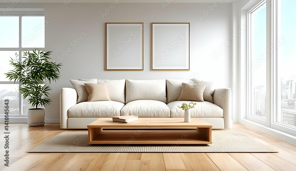Fototapeta premium A bright and airy living room featuring a cozy couch, wooden coffee table, and large windows. Ideal for creating a serene home atmosphere.